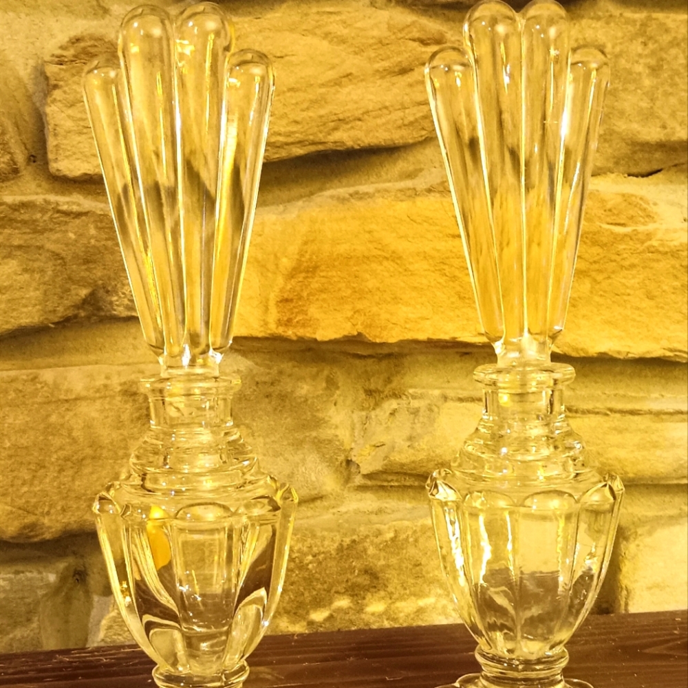 2 Art Deco Perfume Bottles, crystal, Peacock Fan, Ribbed,  Scalloped